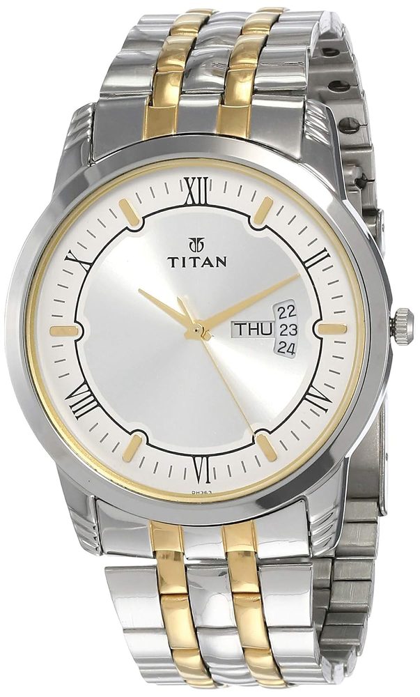 Titan Karishma Quartz Analog with Day and Date Silver Dial Two Toned Silver and Gold Stainless Steel Strap Watch for Men - NT1774BM01