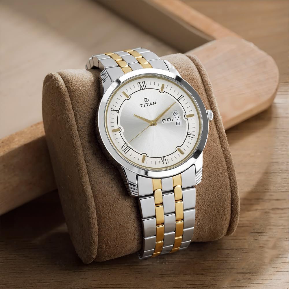 Titan Karishma Quartz Analog with Day and Date Silver Dial Two Toned Silver and Gold Stainless Steel Strap Watch for Men - NT1774BM01