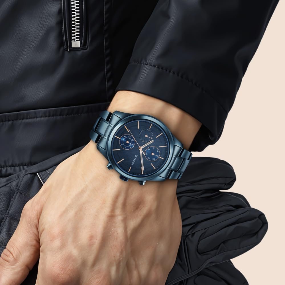 Titan Neo Splash Quartz Multifunction Midnight Blue Dial Metallic Blue Stainless Steel Strap Watch for Men - NT1805QM01