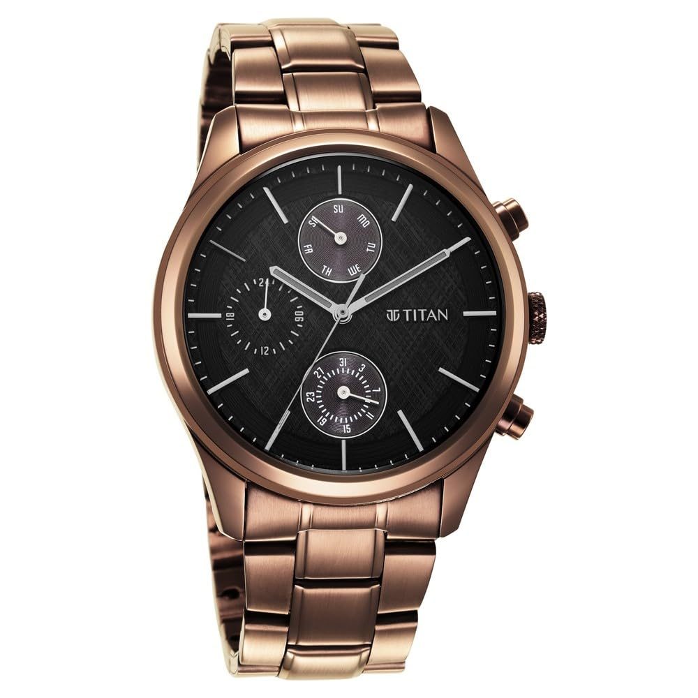 Titan Neo Splash Quartz Multifunction Black Dial Metallic Brown Stainless Steel Strap Watch for Men - NT1805QM04