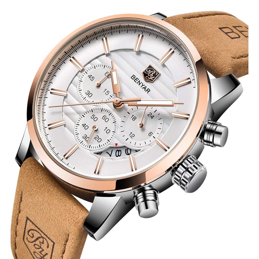 BENYAR Quartz Chronograph Waterproof White Dial Business and Sport Design Leather Band Strap Men's Wrist Watch