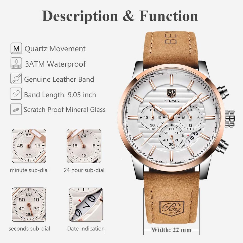 BENYAR Quartz Chronograph Waterproof White Dial Business and Sport Design Leather Band Strap Men's Wrist Watch