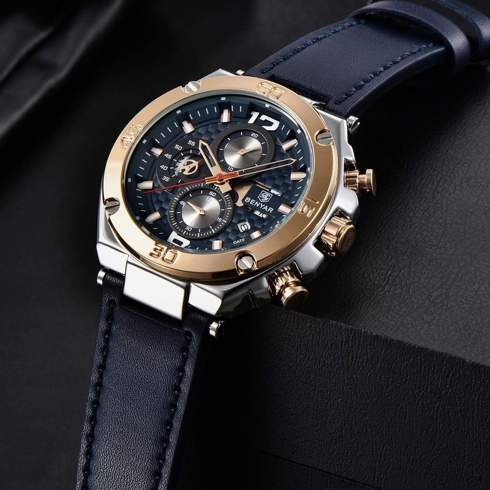 BENYAR Luxury Business Casual Party-Wear Leather Chronograph Date Display Watch for Men
