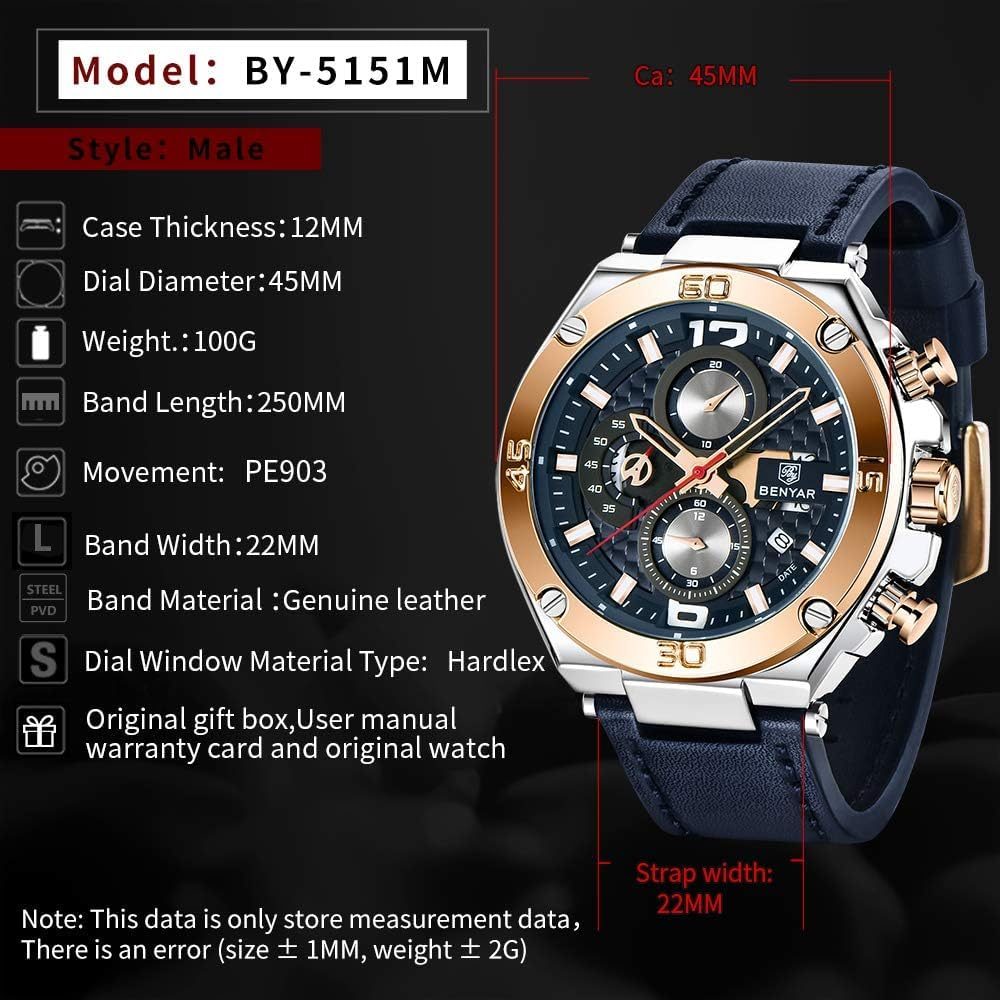 BENYAR Luxury Business Casual Party-Wear Leather Chronograph Date Display Watch for Men