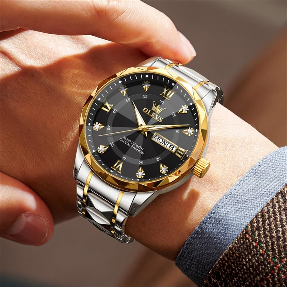 OLEVS Men's Business Watch Gold Blue with Large Easy-Read Analog Quartz Date Display Luxury Stainless Steel Band Waterproof Luminous Hands