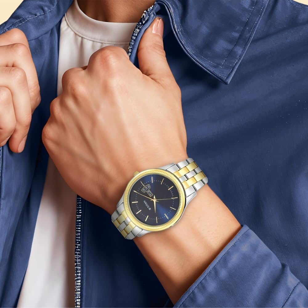 Titan Karishma Trendsetter Quartz Analog with Day & Date Midnight Blue Dial Two Toned Silver & Gold Stainless Steel Strap Watch for Men - NT1824BM03