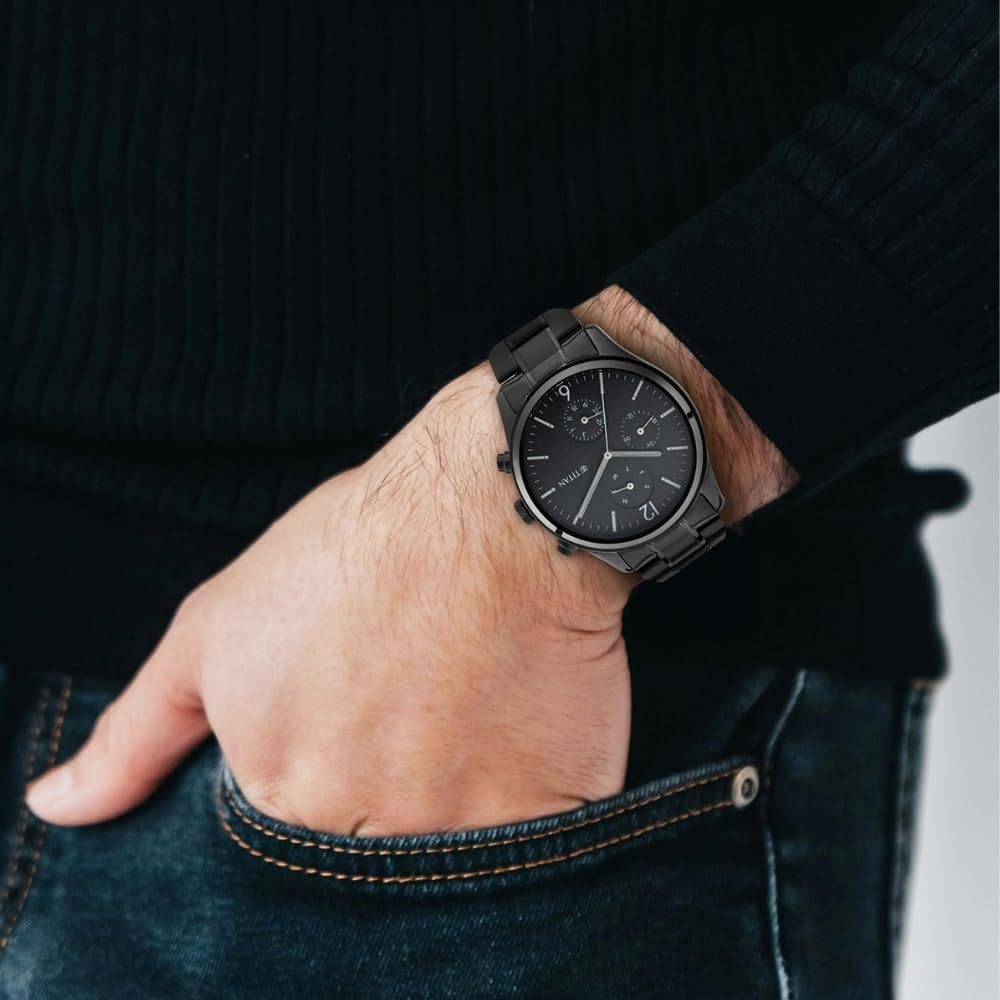 Titan Workwear Quartz Multifunction Black Dial Black Metal Strap Watch For Men - NT1805NM02
