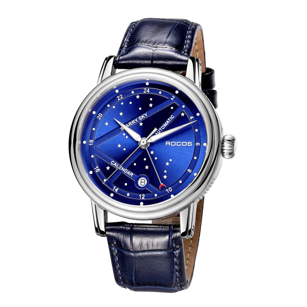 ROCOSJEWE Men's Luxury Automatic Mechanical Watch, Luminous Night Sky Leather Strap, Waterproof, Date Display, Fashion Business Watches for Men RW0108, Blue, Classic,Business,Elegant