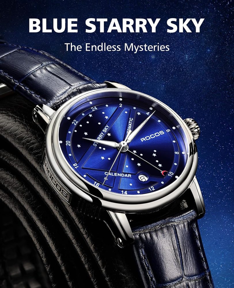 ROCOSJEWE Men's Luxury Automatic Mechanical Watch, Luminous Night Sky Leather Strap, Waterproof, Date Display, Fashion Business Watches for Men RW0108, Blue, Classic,Business,Elegant