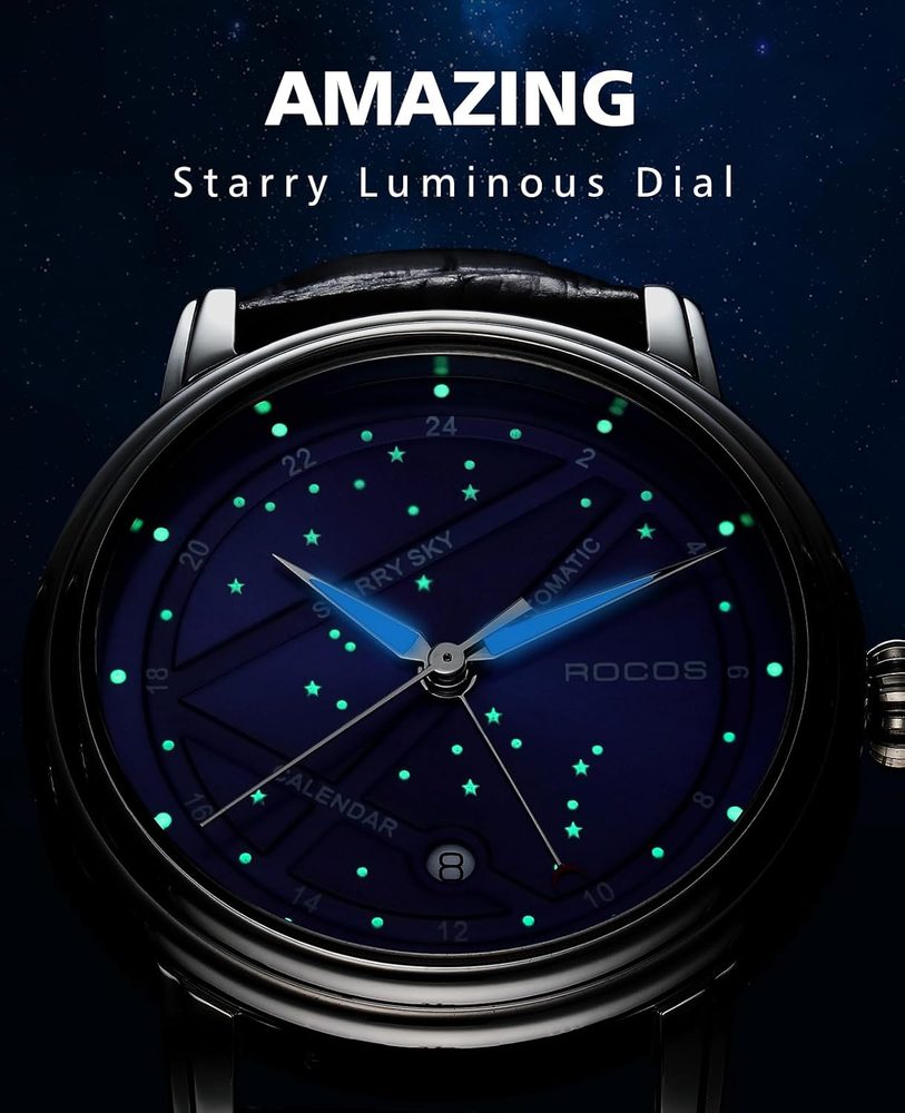 ROCOSJEWE Men's Luxury Automatic Mechanical Watch, Luminous Night Sky Leather Strap, Waterproof, Date Display, Fashion Business Watches for Men RW0108, Blue, Classic,Business,Elegant