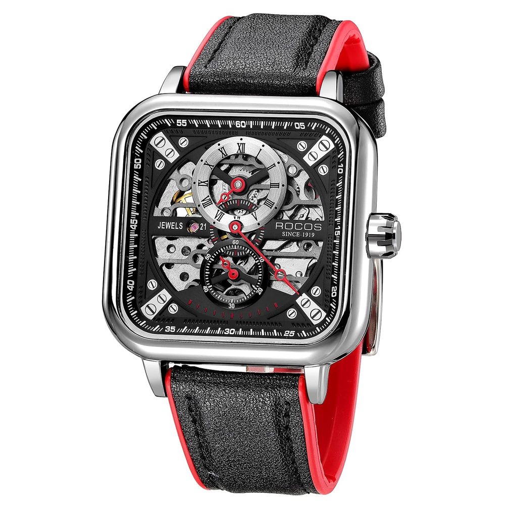 ROCOSJEWE Automatic Watches for Men Skeleton Mechanical Watch Stainless Waterproof Anti Shock Casual Analog Dress Watch Leather Band Vintage Square Ultra Thin Business Wristwatch R0917