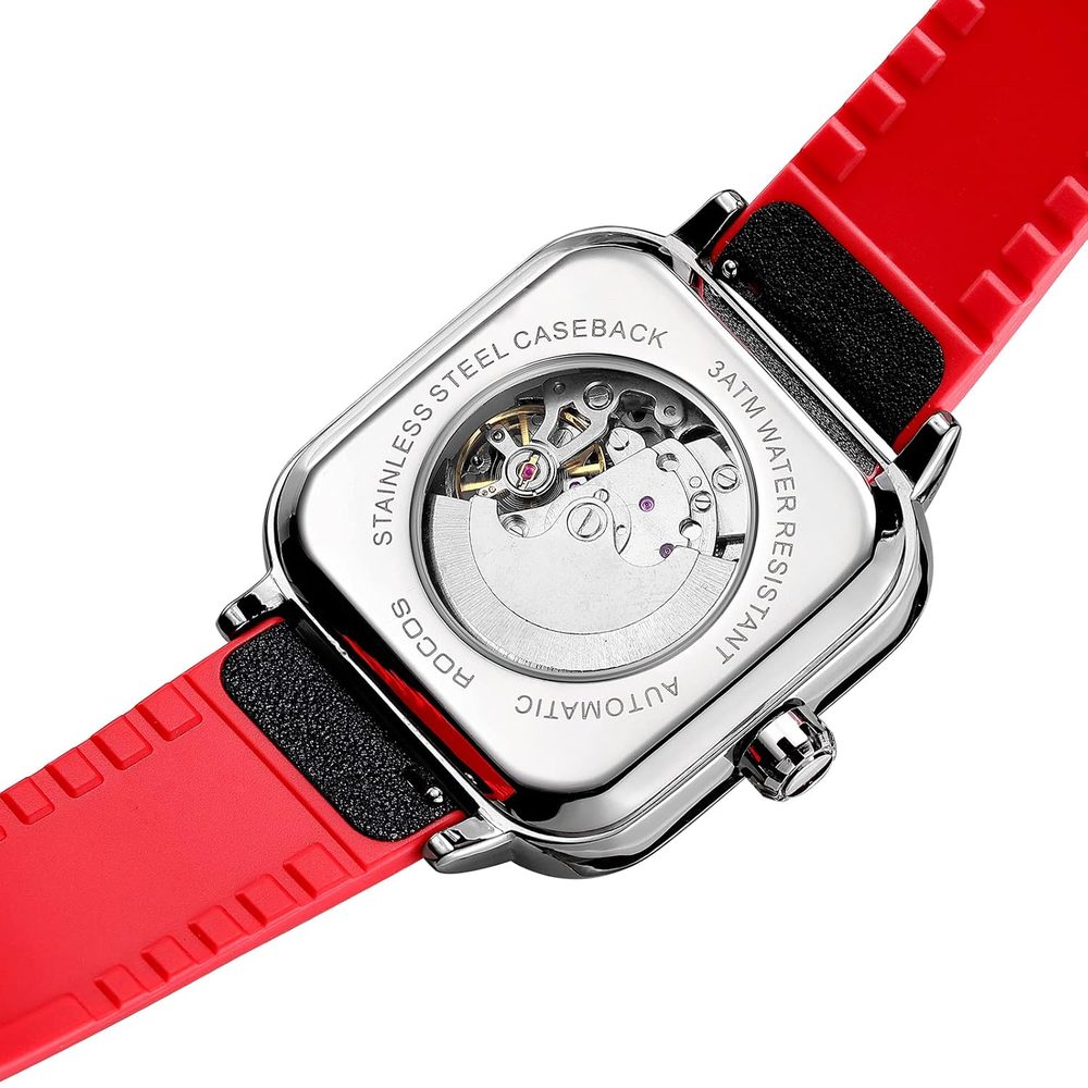 ROCOSJEWE Automatic Watches for Men Skeleton Mechanical Watch Stainless Waterproof Anti Shock Casual Analog Dress Watch Leather Band Vintage Square Ultra Thin Business Wristwatch R0917