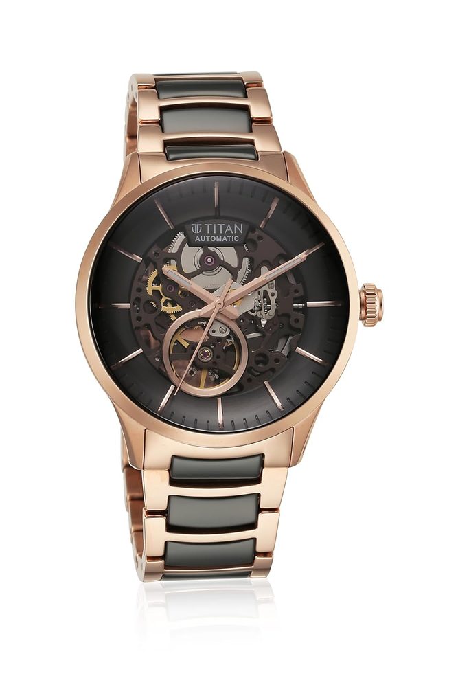 Titan Ceramic Fusion Automatic Anthracite Dial Two Toned Rose Gold and Grey Stainless Steel Bracelet Watch for Men - NT90174KD03