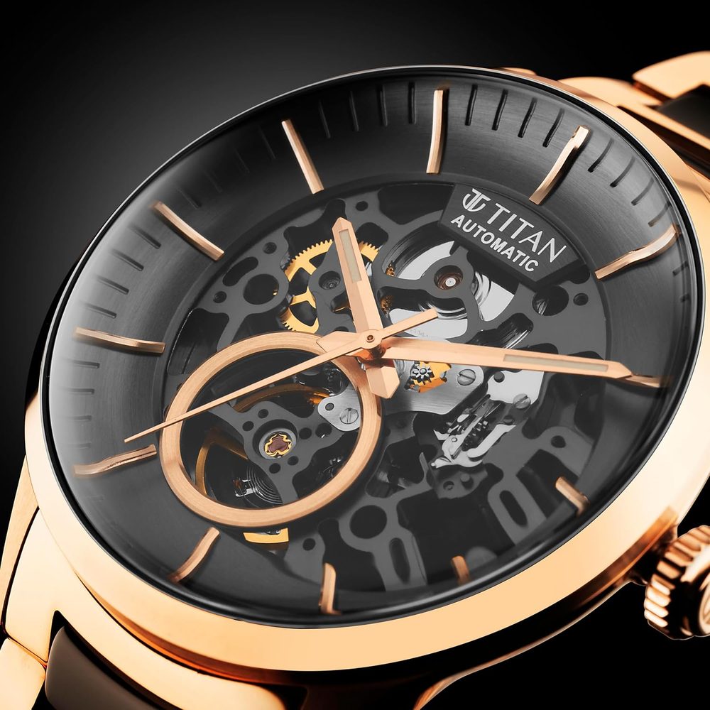 Titan Ceramic Fusion Automatic Anthracite Dial Two Toned Rose Gold and Grey Stainless Steel Bracelet Watch for Men - NT90174KD03