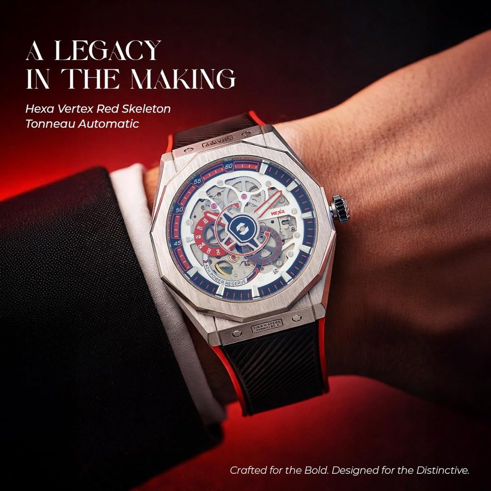 HEXA Vertex Red Skeleton Tonneau Automatic Watch for Men with Miyota Japan Movement| Premium Gift Box Included | Luxury Barrel Shape Analog Designer Sport Watch | Transparent Dial Silicone Strap