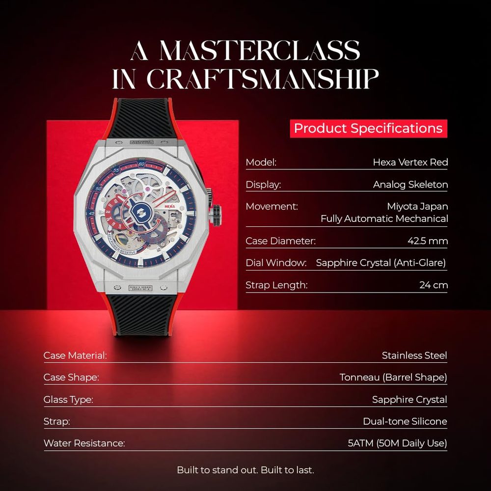HEXA Vertex Red Skeleton Tonneau Automatic Watch for Men with Miyota Japan Movement| Premium Gift Box Included | Luxury Barrel Shape Analog Designer Sport Watch | Transparent Dial Silicone Strap