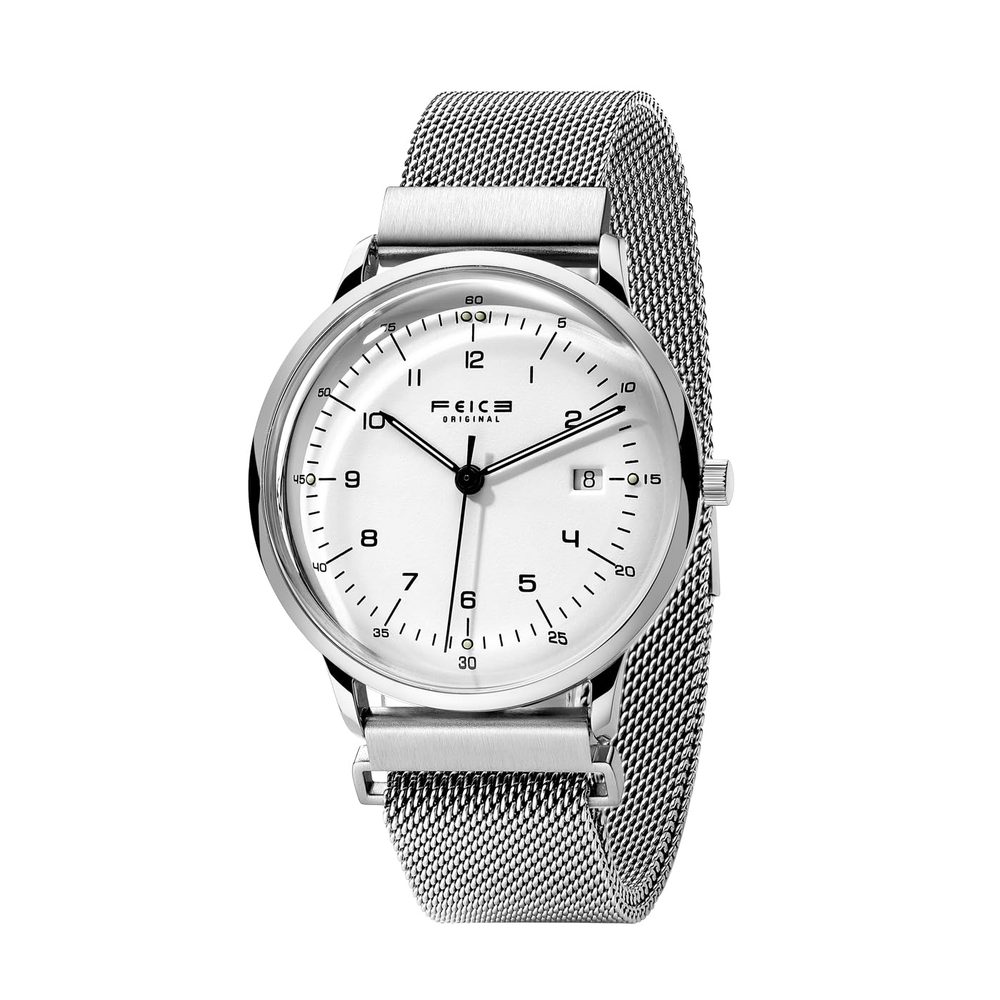 FEICE Ultra-Thin Automatic Men's Bauhaus Style Mechanical Watch White Dial Stainless Steel Strap Analog Three