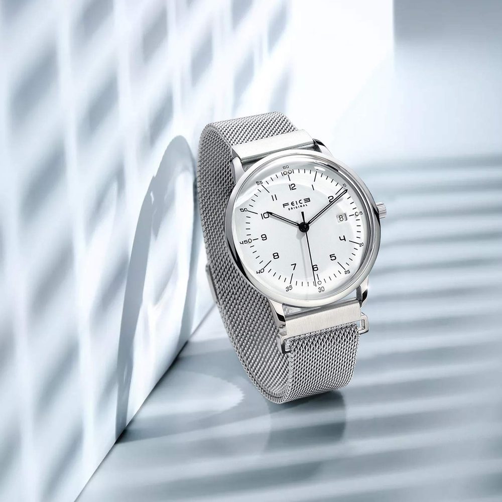 FEICE Ultra-Thin Automatic Men's Bauhaus Style Mechanical Watch White Dial Stainless Steel Strap Analog Three