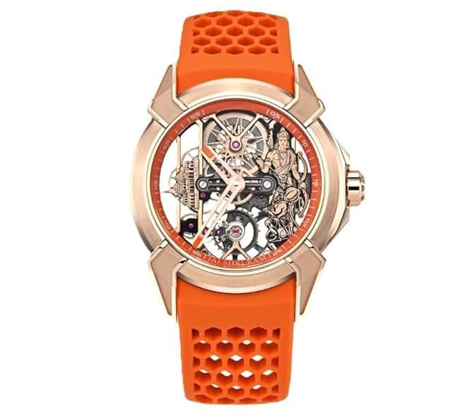 Luxury full Automatic Shree Ram Edition Watch for Men– Women Heavy Open Machine Design with Orange Straps, Shri Ram ji & Hanuman ji Artwork, Ayodhya Mandir Dial | Premium Wrist watch 41mm Bezel [1Year warranty] Model No-TM-W-22