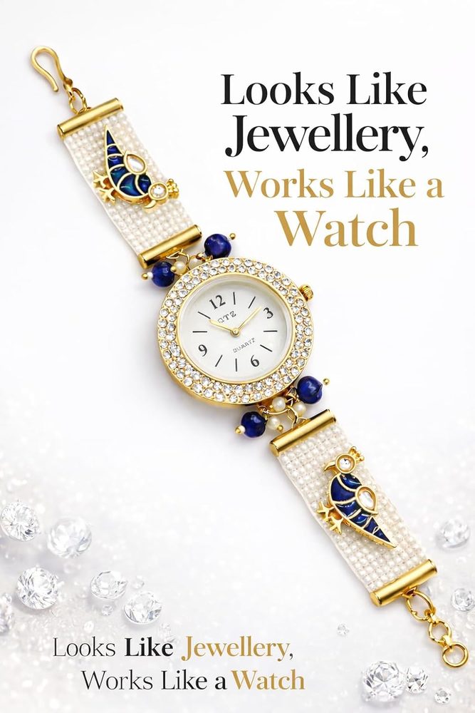 Kashmiri Bracelet Watch for Women Stylish | Pearl Strap Jewellery Watch with Blue Bird Design | Ethnic Wrist Watch for Girls | Wedding, Festive & Gift