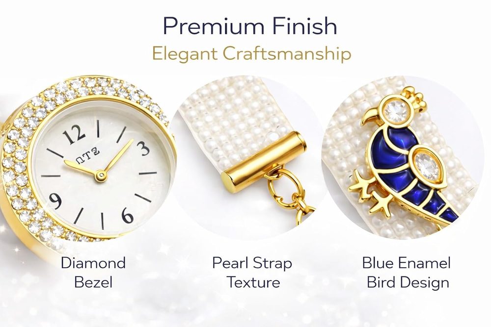 Kashmiri Bracelet Watch for Women Stylish | Pearl Strap Jewellery Watch with Blue Bird Design | Ethnic Wrist Watch for Girls | Wedding, Festive & Gift