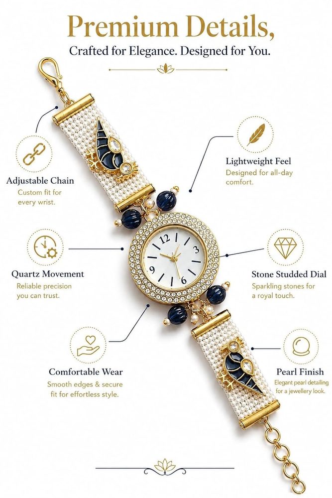 Kashmiri Bracelet Watch for Women Stylish | Pearl Strap Jewellery Watch with Blue Bird Design | Ethnic Wrist Watch for Girls | Wedding, Festive & Gift