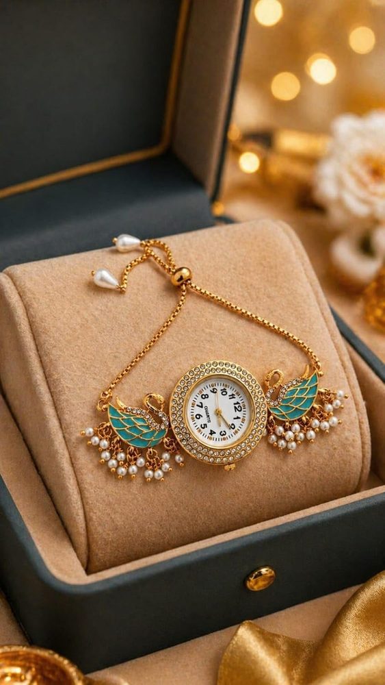 INAAYAT Women’s Elegant Swan Design Bracelet Watch Adjustable Chain Strap Stone Studded Dial Ethnic Style Wrist Watch with Pearl Detailing Stylish Jewelry Timepiece for Festive and Daily Wear