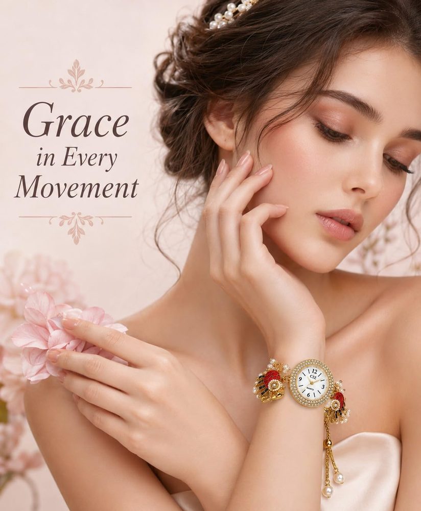 Elephant Bracelet Watch for Women | Red Enamel Elephant Charm Adjustable Bracelet Watch with Pearl Accents | Gold Plated Fashion Jewellery Wrist Watch for Girls, Festive, Party & Gift