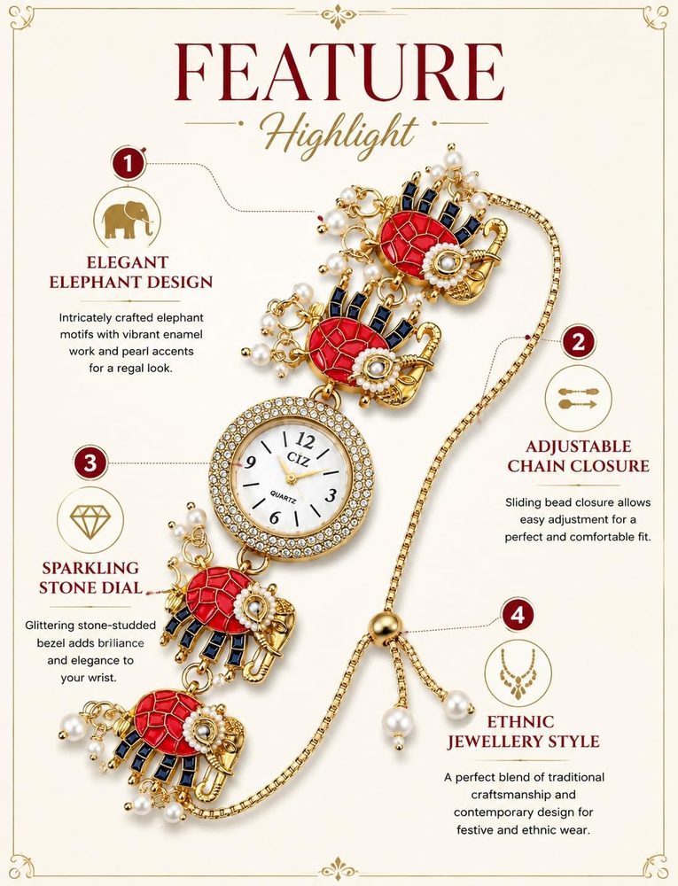 Elephant Bracelet Watch for Women | Red Enamel Elephant Charm Adjustable Bracelet Watch with Pearl Accents | Gold Plated Fashion Jewellery Wrist Watch for Girls, Festive, Party & Gift