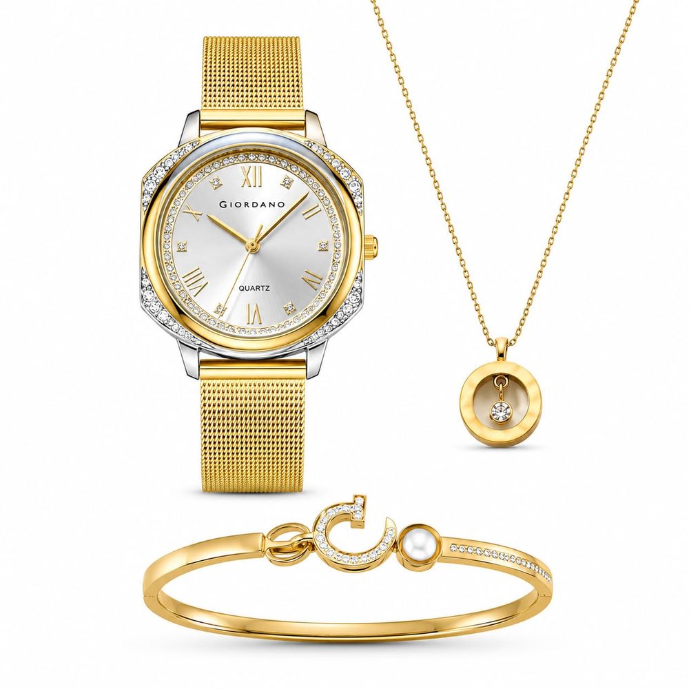 Giordano Analog Quartz Watch Gift Set for Women – 3 Piece Combo with Mesh Strap, Roman Numeral Crystal Studded Dial, Round Pearl Pendant Necklace & Moon Star Charm Bangle Bracelet - GZ-60183
