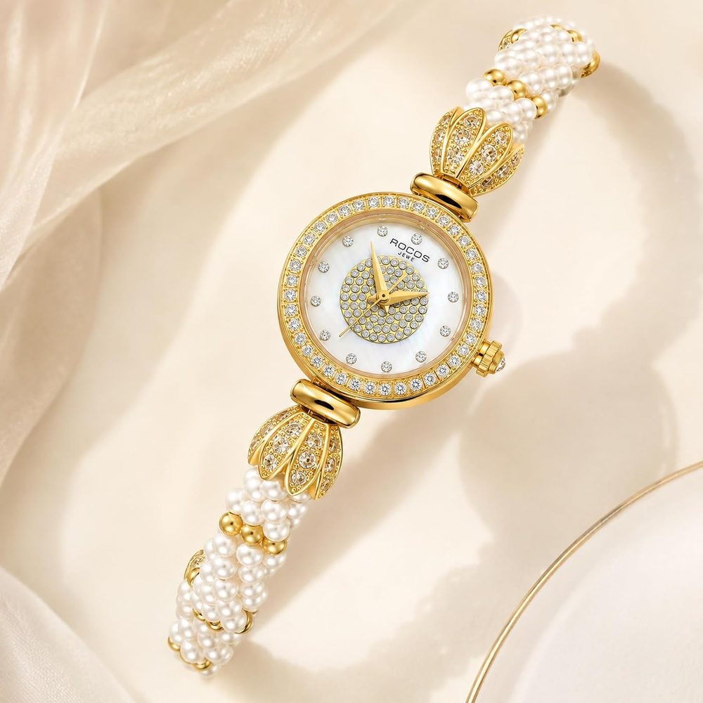 ROCOSJEWE Elegant Pearl Ladies Watch Collection?Crystal-Studded Bezel · Gold-Tone Case · Sophisticated Pairing ·for Special Occasions an Elegant Gift Choice