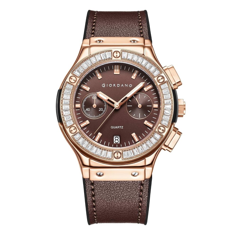 Giordano Analog Watch for Women – Round Dial, Leather Strap, Crystal-Studded Bezel with Quartz Movement