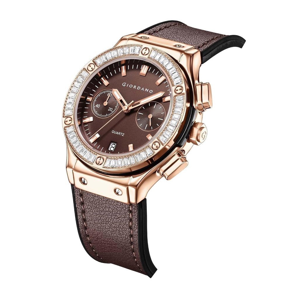 Giordano Analog Watch for Women – Round Dial, Leather Strap, Crystal-Studded Bezel with Quartz Movement