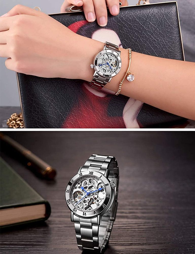 MASTOP Women's Watches Automatic Steampunk Self Winding Mechanical Silver Bracelet Ladies Skeleton Wrist Watch