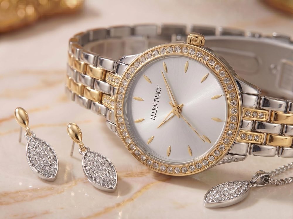 Ellen Tracy Ladies 32mm Round Two Tone Silver/Gold Watch Gift Set White Dial Crystal Accents