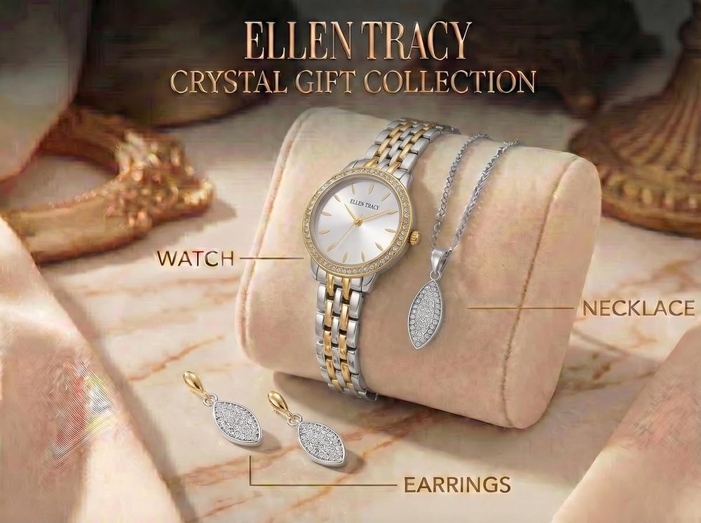 Ellen Tracy Ladies 32mm Round Two Tone Silver/Gold Watch Gift Set White Dial Crystal Accents