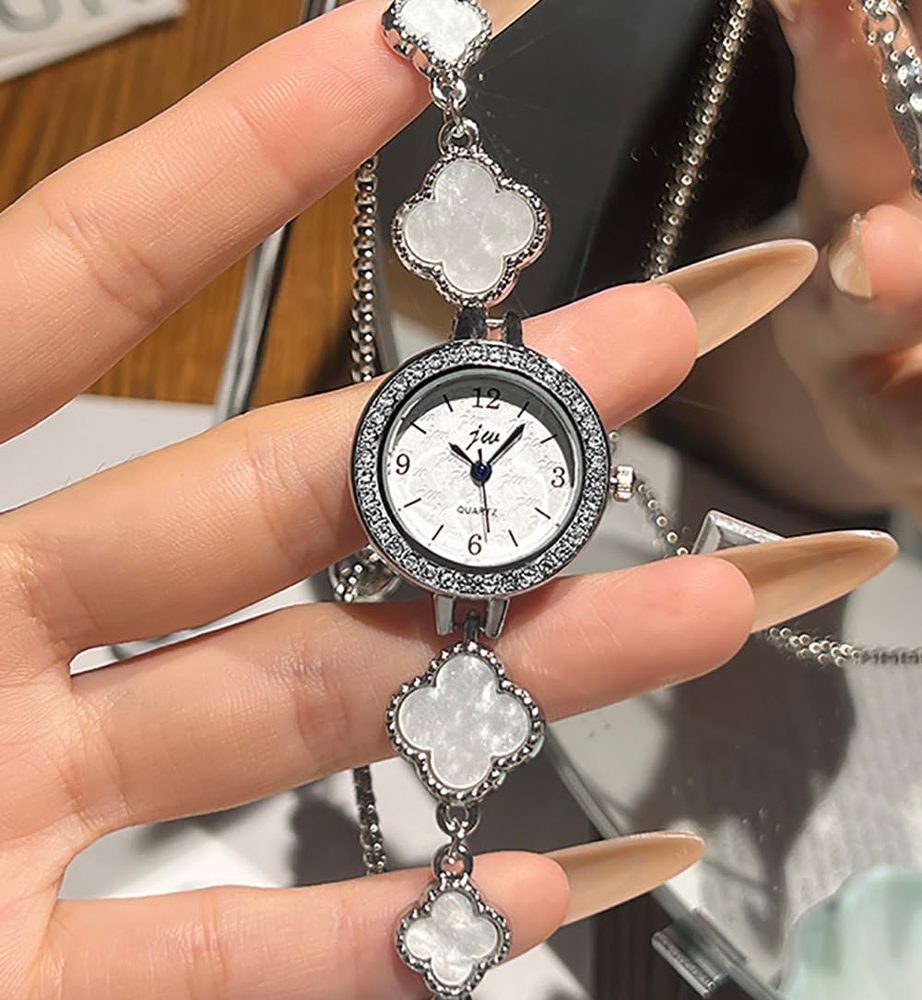 Four Leaf Clover Bracelet for Women Crystal Bezel with Sliding Chain Rose Gold or Silver Quartz Watch