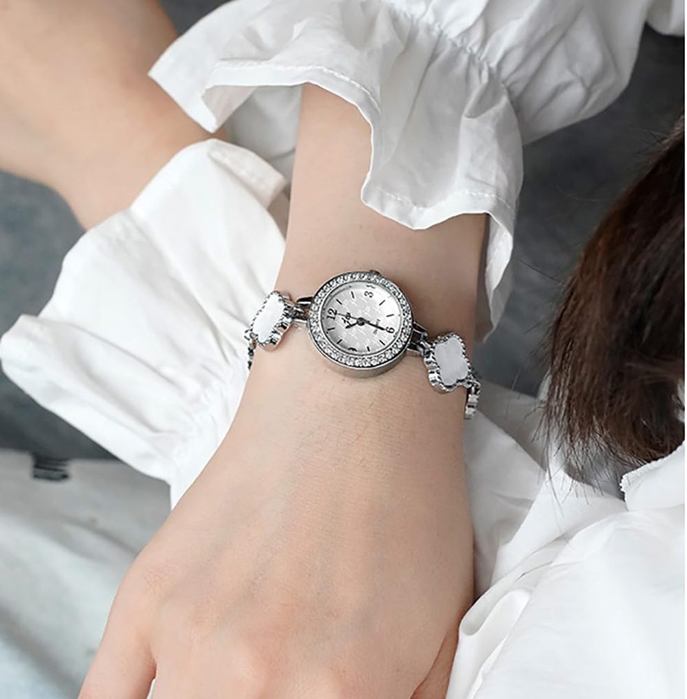 Four Leaf Clover Bracelet for Women Crystal Bezel with Sliding Chain Rose Gold or Silver Quartz Watch