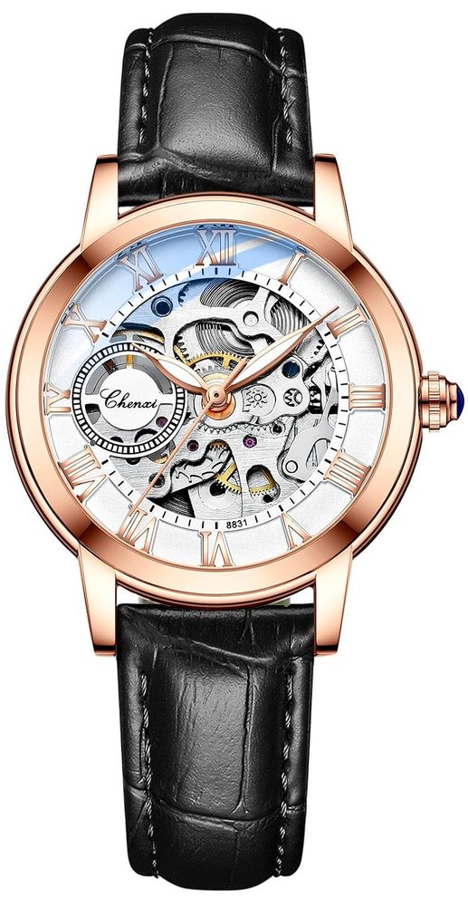 MASTOP Women's Sapphire Watches Automatic Steampunk Self Winding Mechanical Gold Bracelet Ladies Skeleton Wrist Watch Leather Strap for Ladies Famale