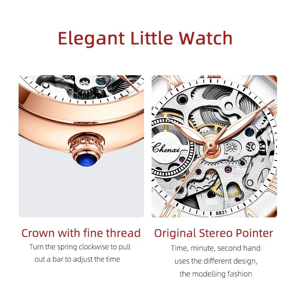 MASTOP Women's Sapphire Watches Automatic Steampunk Self Winding Mechanical Gold Bracelet Ladies Skeleton Wrist Watch Leather Strap for Ladies Famale