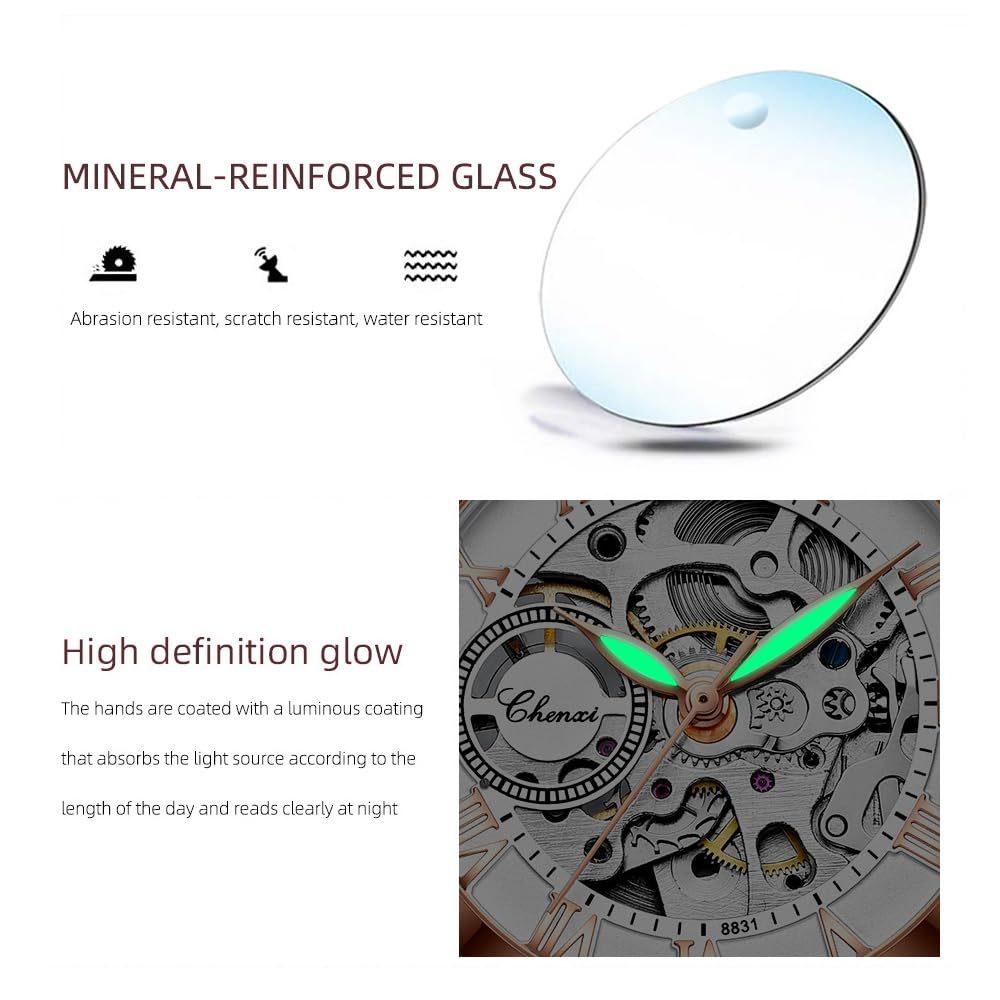 MASTOP Women's Sapphire Watches Automatic Steampunk Self Winding Mechanical Gold Bracelet Ladies Skeleton Wrist Watch Leather Strap for Ladies Famale