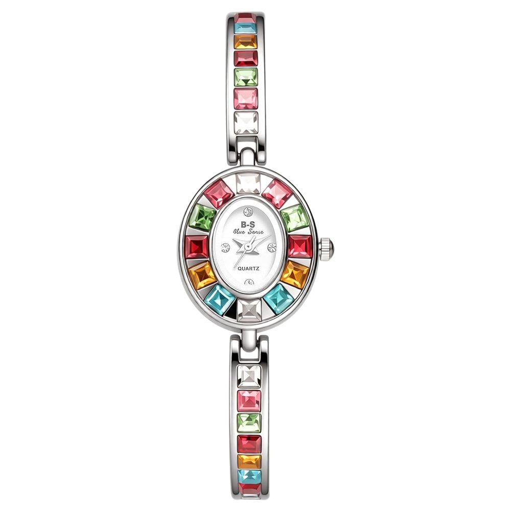 JewelryWe Women's Watch Small Oval Wrist Watch Glitter Coloured Rhinestone Analogue Quartz Watch Women's Slim Removable Metal Strap Watch with Mother of Pearl Dial for Party Gift