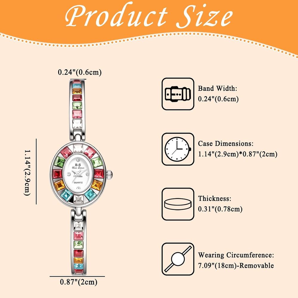 JewelryWe Women's Watch Small Oval Wrist Watch Glitter Coloured Rhinestone Analogue Quartz Watch Women's Slim Removable Metal Strap Watch with Mother of Pearl Dial for Party Gift