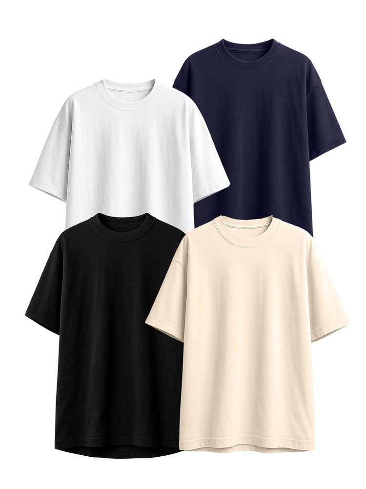 Veirdo® 100% Pure Cotton Oversized Loose Fit Half Sleeve Solid Core Round Neck Multicolor T-Shirt Combo for Men & Boys (Pack of 4)