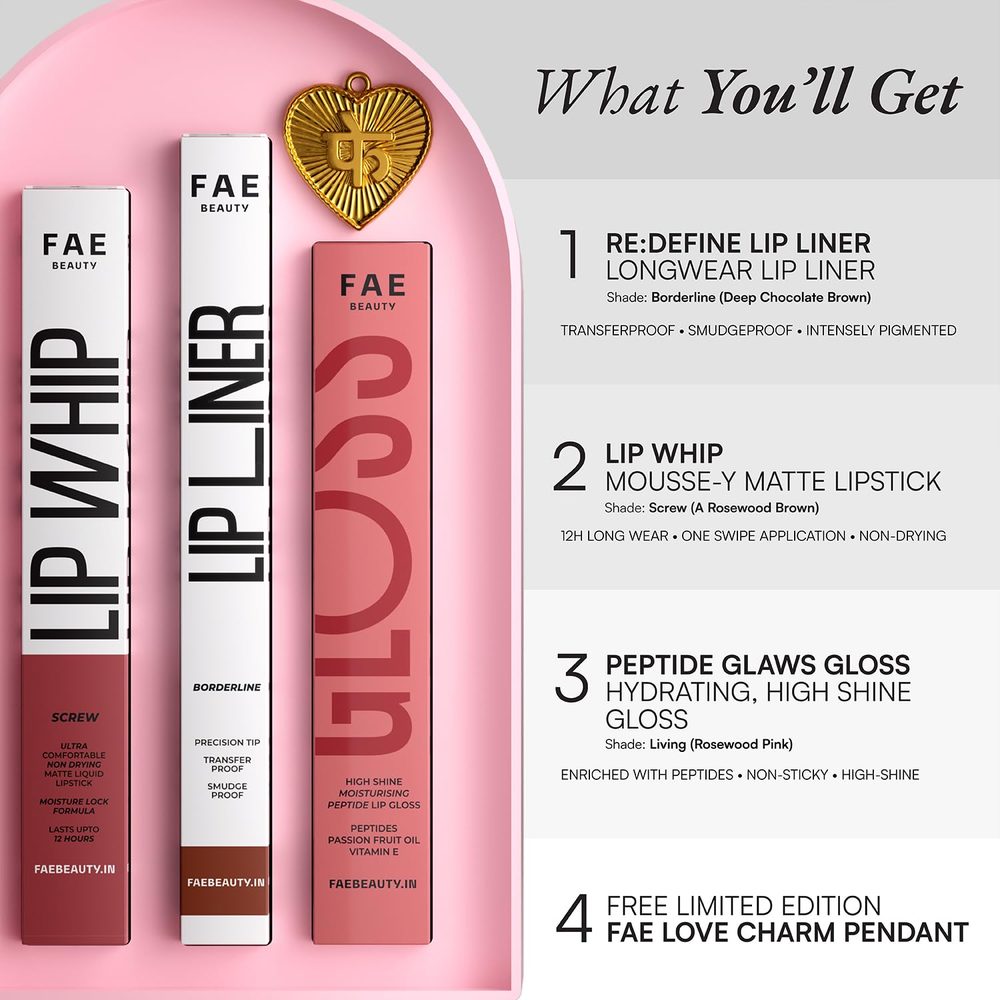 FAE Beauty The Complete Lip Kit Gift Set | Consists of 3 bestsellers - Re:Define Lip Liner, Lip Whip & Peptide Glaws Gloss | Shades - Borderline, Screw, Living