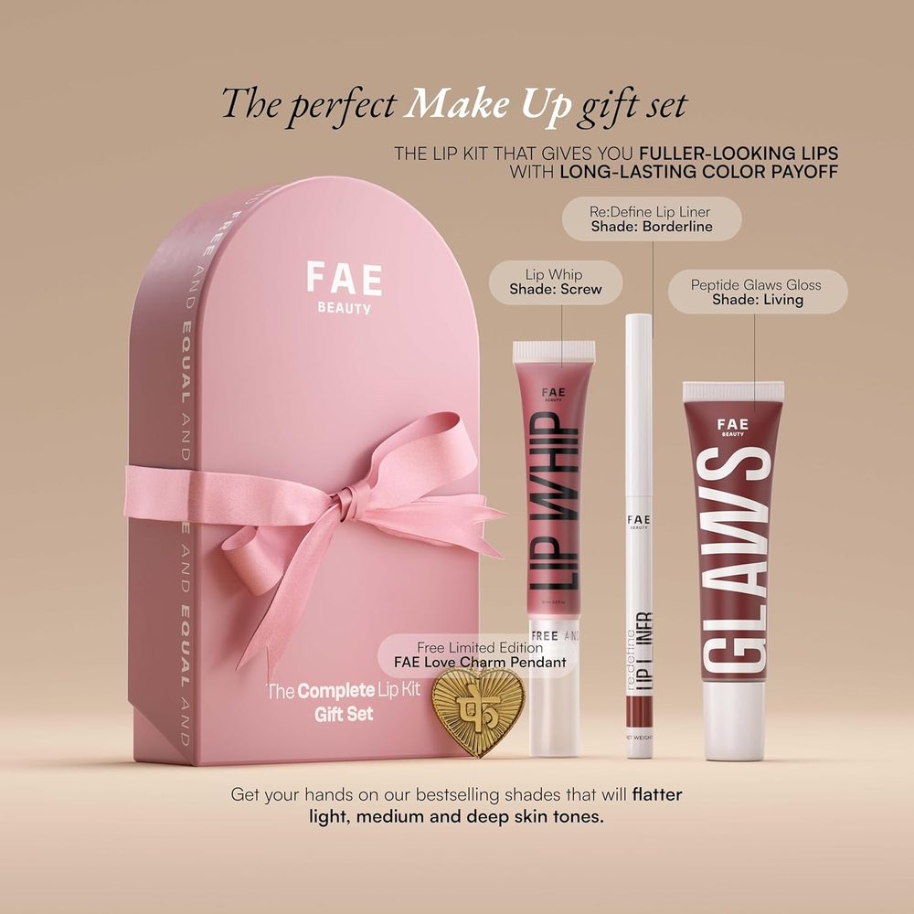 FAE Beauty The Complete Lip Kit Gift Set | Consists of 3 bestsellers - Re:Define Lip Liner, Lip Whip & Peptide Glaws Gloss | Shades - Borderline, Screw, Living