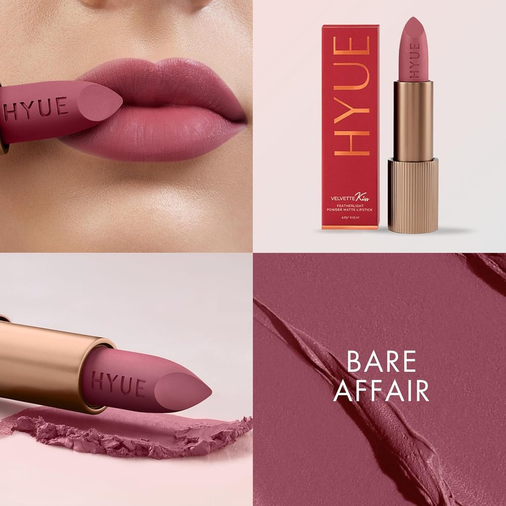 HYUE Velvette Kiss Matte Bullet Lipstick | Bare Affair | Feather Light & Powder Finish | Long-Wear Intense Color | with Jojoba, Almond & Gooseberry | Smudge-Proof, Travel-Friendly, Precision Tip