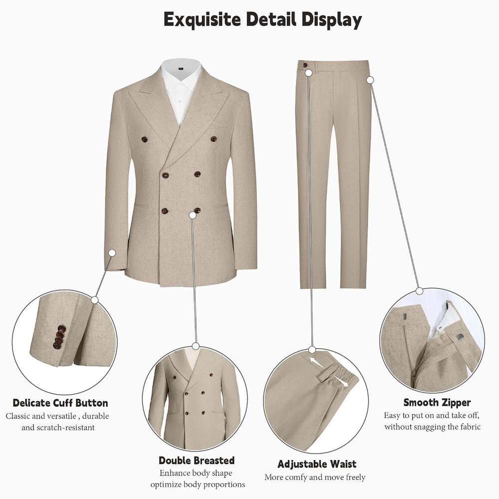 Mens Suits Linen 2 Piece Suit for Men Peak Lapel Slim Fit Suits Set Double Breasted Tuxedos for Wedding Prom
