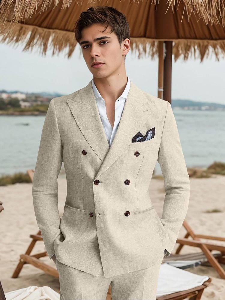 Mens Suits Linen 2 Piece Suit for Men Peak Lapel Slim Fit Suits Set Double Breasted Tuxedos for Wedding Prom