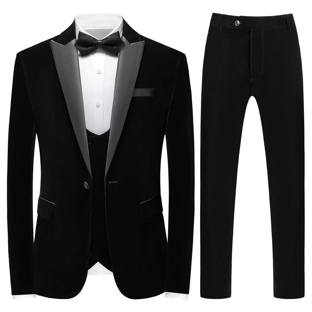 Mens Velvet 3 Piece Suits Slim Fit Peaked Lapel One Button Tuxedo Dinner Jacket Vest Pants Suit Set